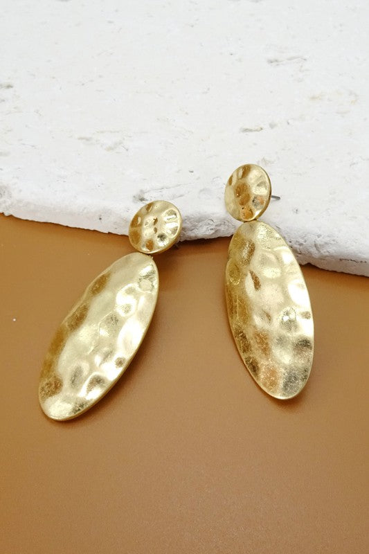 Hammered Gold Oval Drop Earrings